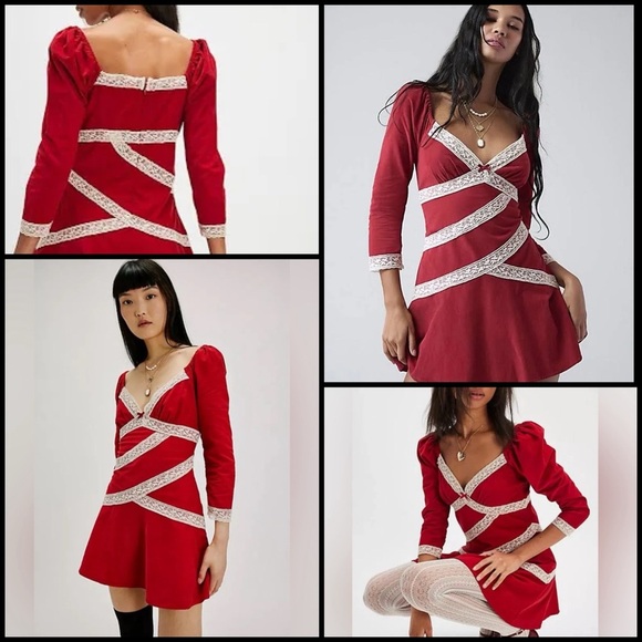 Free People Tennley Red Milkmade Coquette Corduroy Whimsigoth Lace Mini Dress XS - Picture 1 of 16
